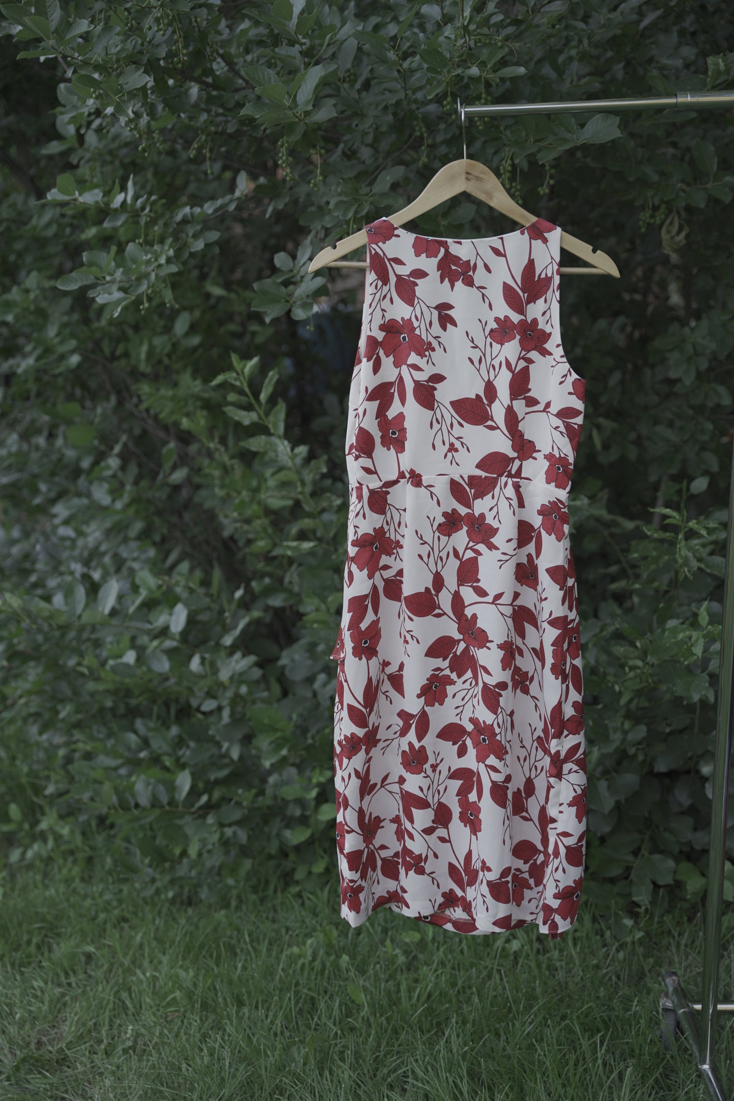 White and Red Floral Midi Dress