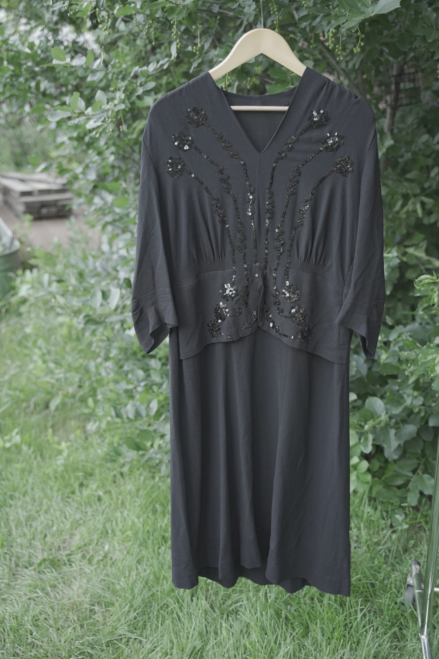 Black Dress with Sequins and Shoulder Pads