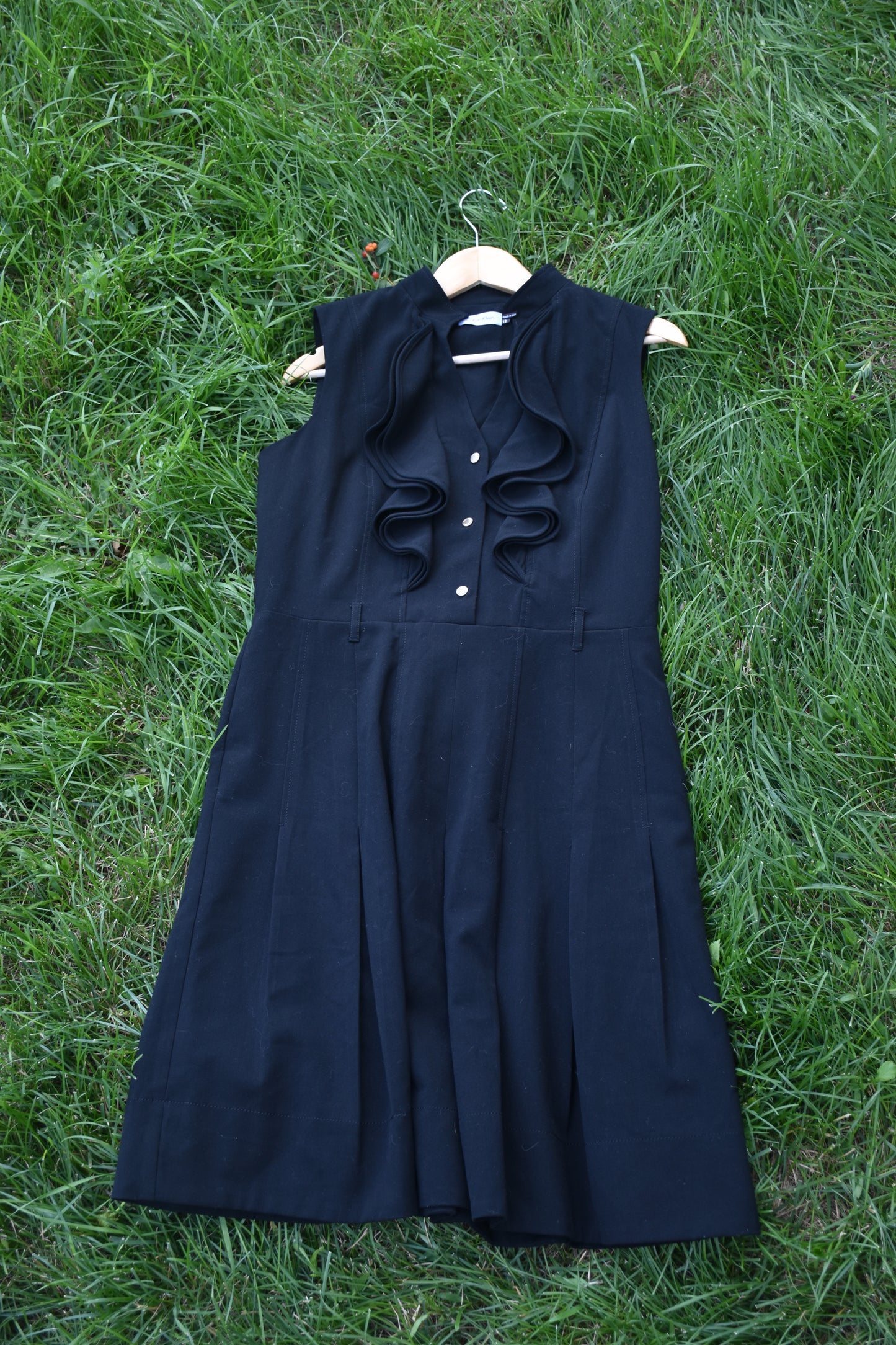Sleeveless Black Dress with Pleats and Ruffle Trim Lapel