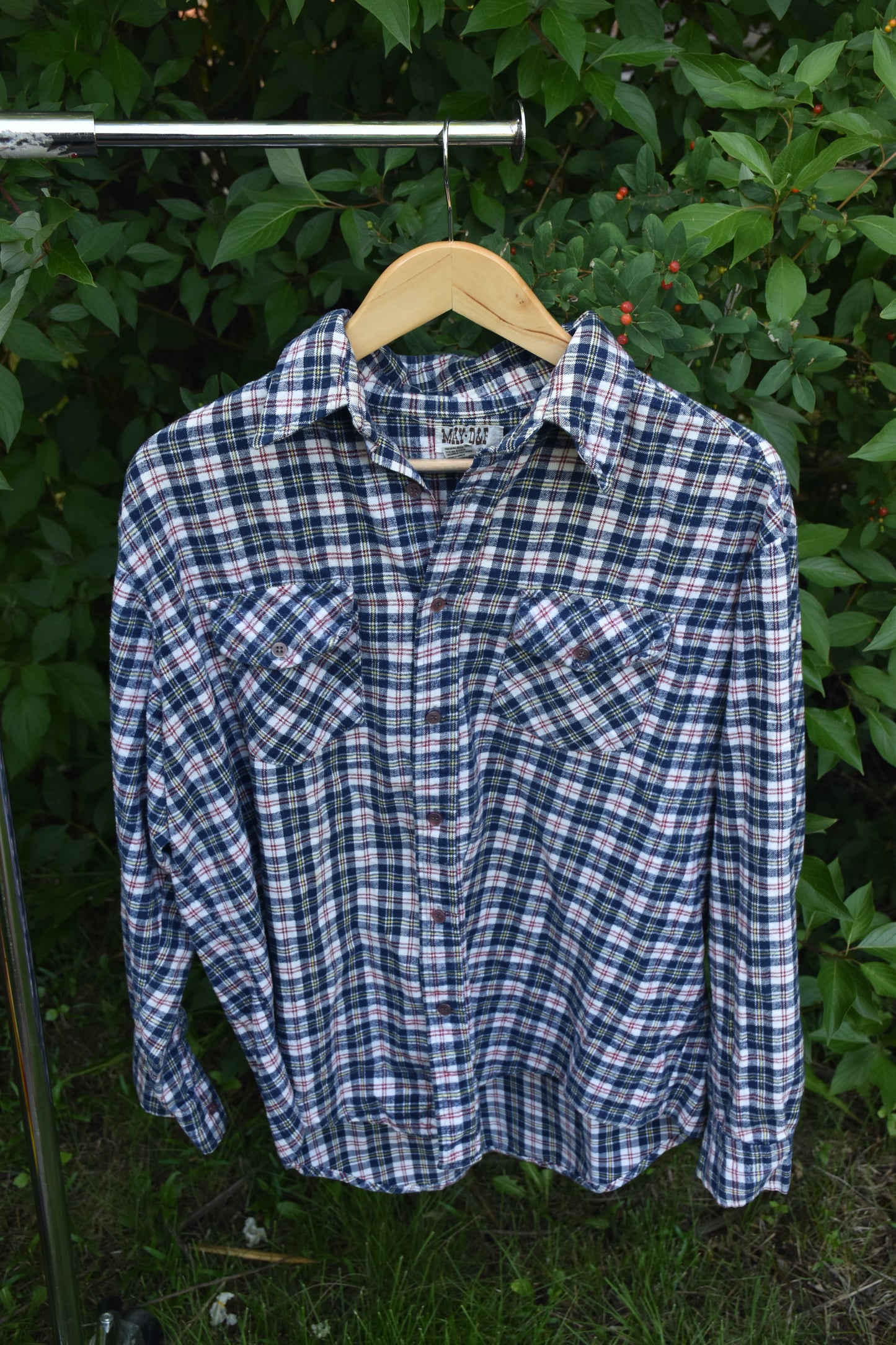 Blue Red Yellow and White Long Sleeve Button Down Flannel