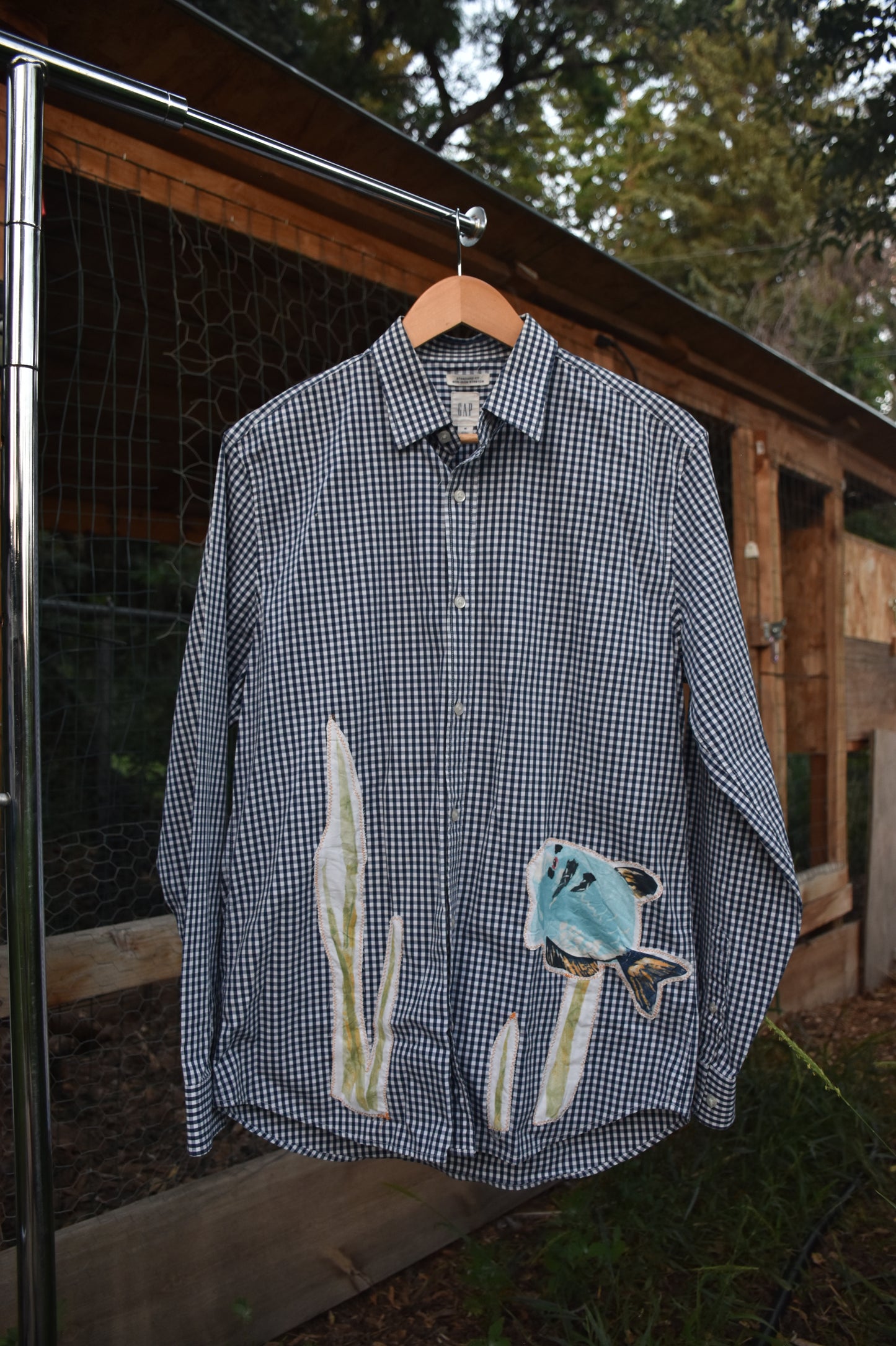 Upcycled Aquatic Long Sleeve Plaid Button Up