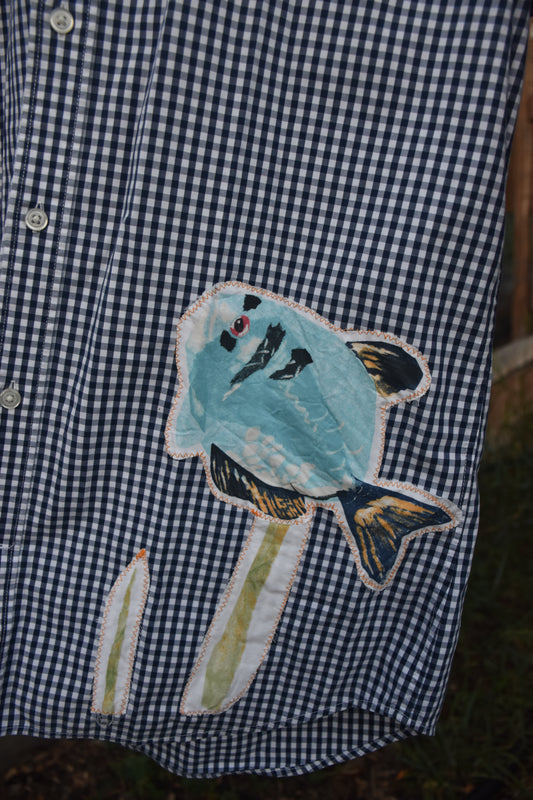 Upcycled Aquatic Long Sleeve Plaid Button Up