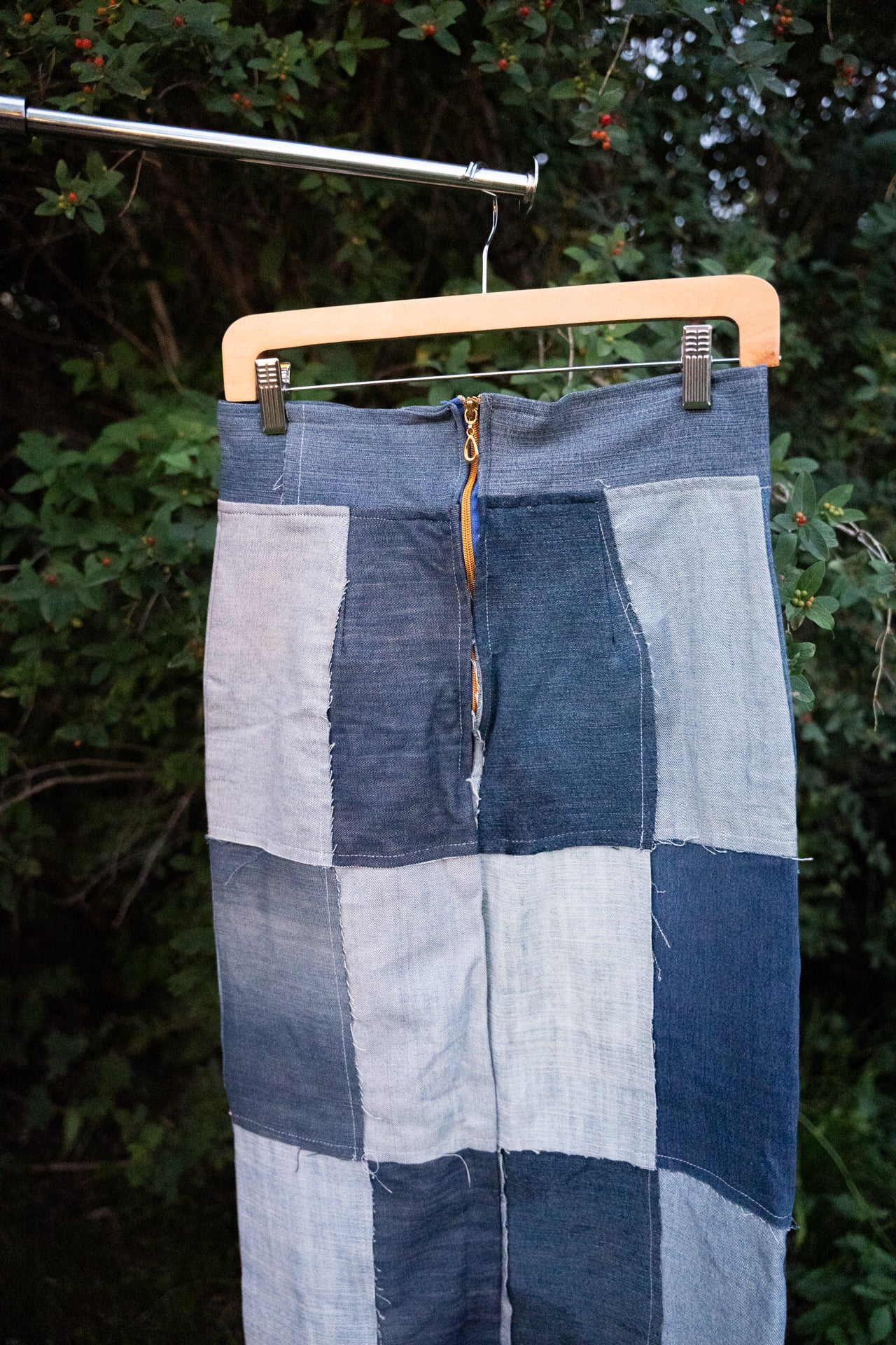 Upcycled Denim Patchwork Ankle-Length Skirt