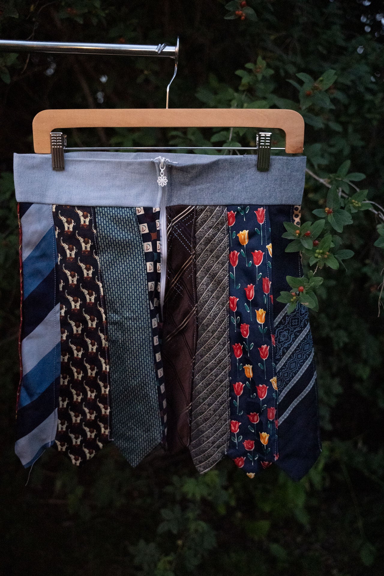 Upcycled Tie Skirt with Denim Waistband