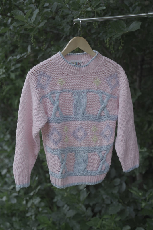 Pink and Blue Patterned Knit Sweater