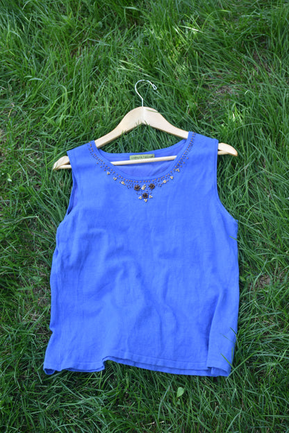 Blue Vest with Beaded Neckline