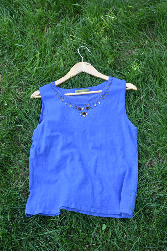 Blue Vest with Beaded Neckline