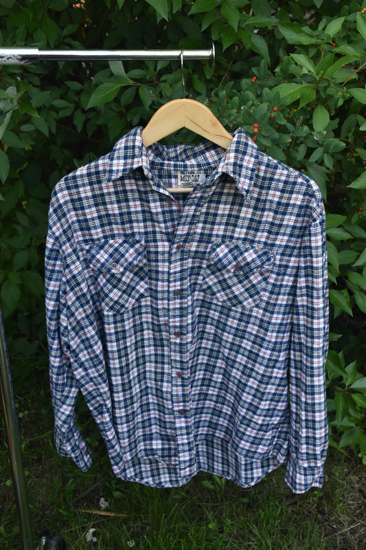 Blue Red Yellow and White Long Sleeve Button Down Flannel