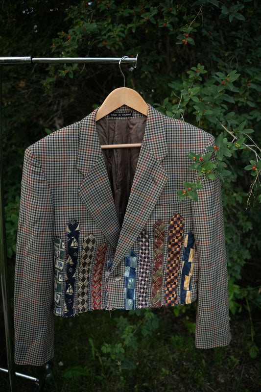 Upcycled Plaid Tie Cropped Blazer