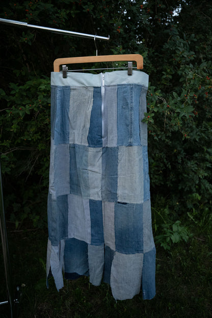 Upcycled Denim Patchwork Ankle-Length Skirt